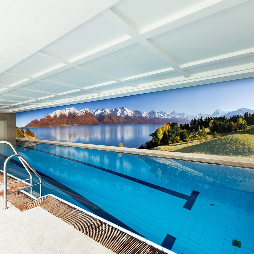 "Crystal Clear" 28m wide x 3m high, for my client's indoor pool in Russia. Assembled from 120 files for extreme detail, it took several weeks to assemble this mega-image, but what a result! Images on left show Mt. Cook detail & the blank wall before.
