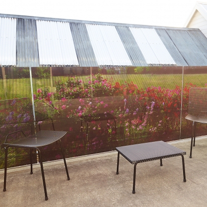 "Spring Wildflowers" as deck ballustrading 1.2m high x 12.5m wide. Shown here as transparent, varying degrees of white can be added behind the artwork to suit, adjusting the  desired level of transparency & privacy through semi-transparent to opaque. Inst