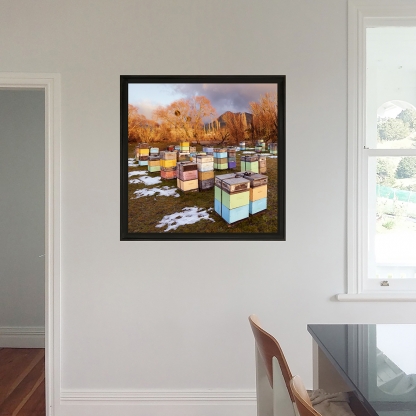 "Golden Beehives", showing a framed canvas superimposed onto the wall
