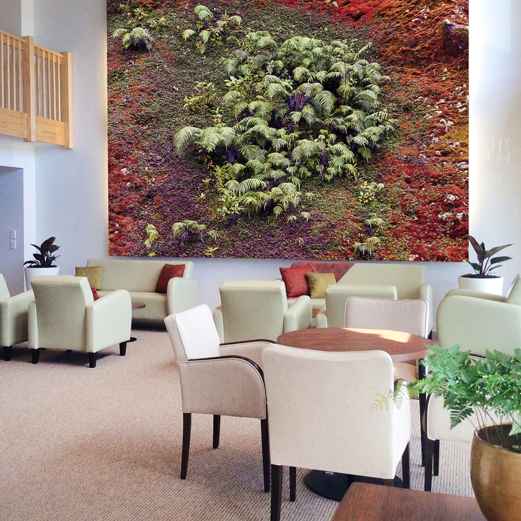 "Garden Of Eden", an extreme "jigsaw" created from 40 high res. images, displays very fine detail printed onto textured fabric, 3600mm high x 4800mm wide.