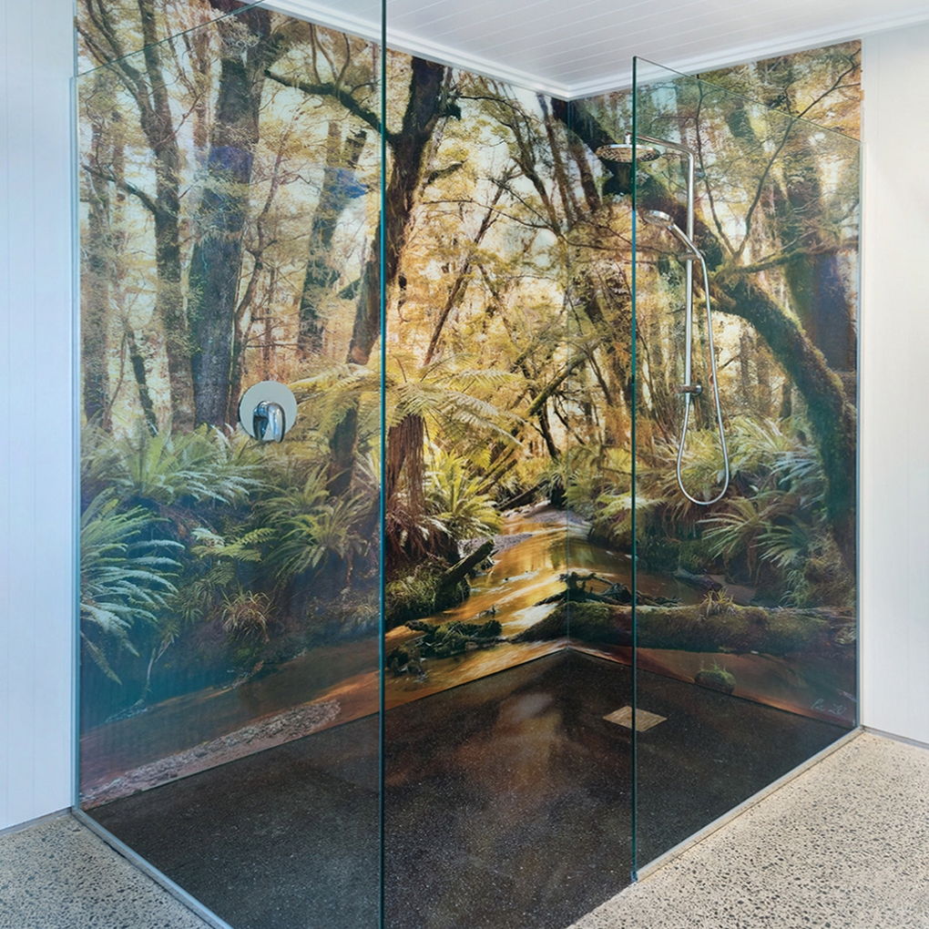 "Solitude" shower, printed onto low-iron glass 2.4m high for a rural home in Clevedon, Auckland. Wow!